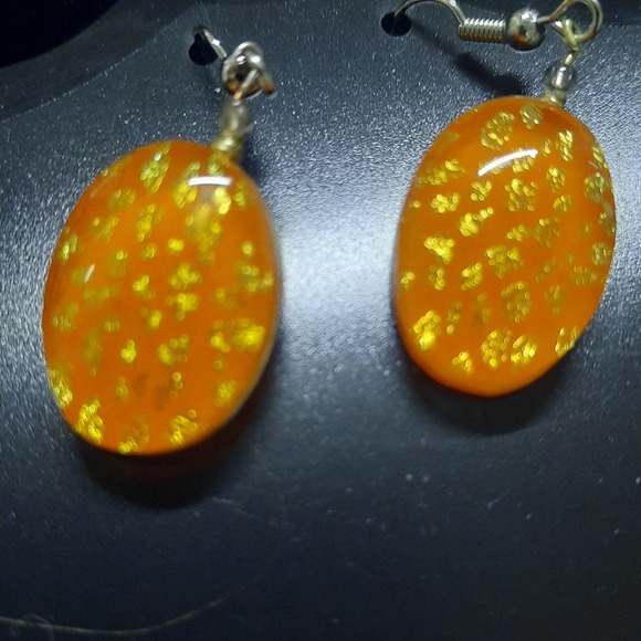 Orange Goldspecks Dangling Acrylic Handmade Earrings with fish hooks - Picture 3 of 5